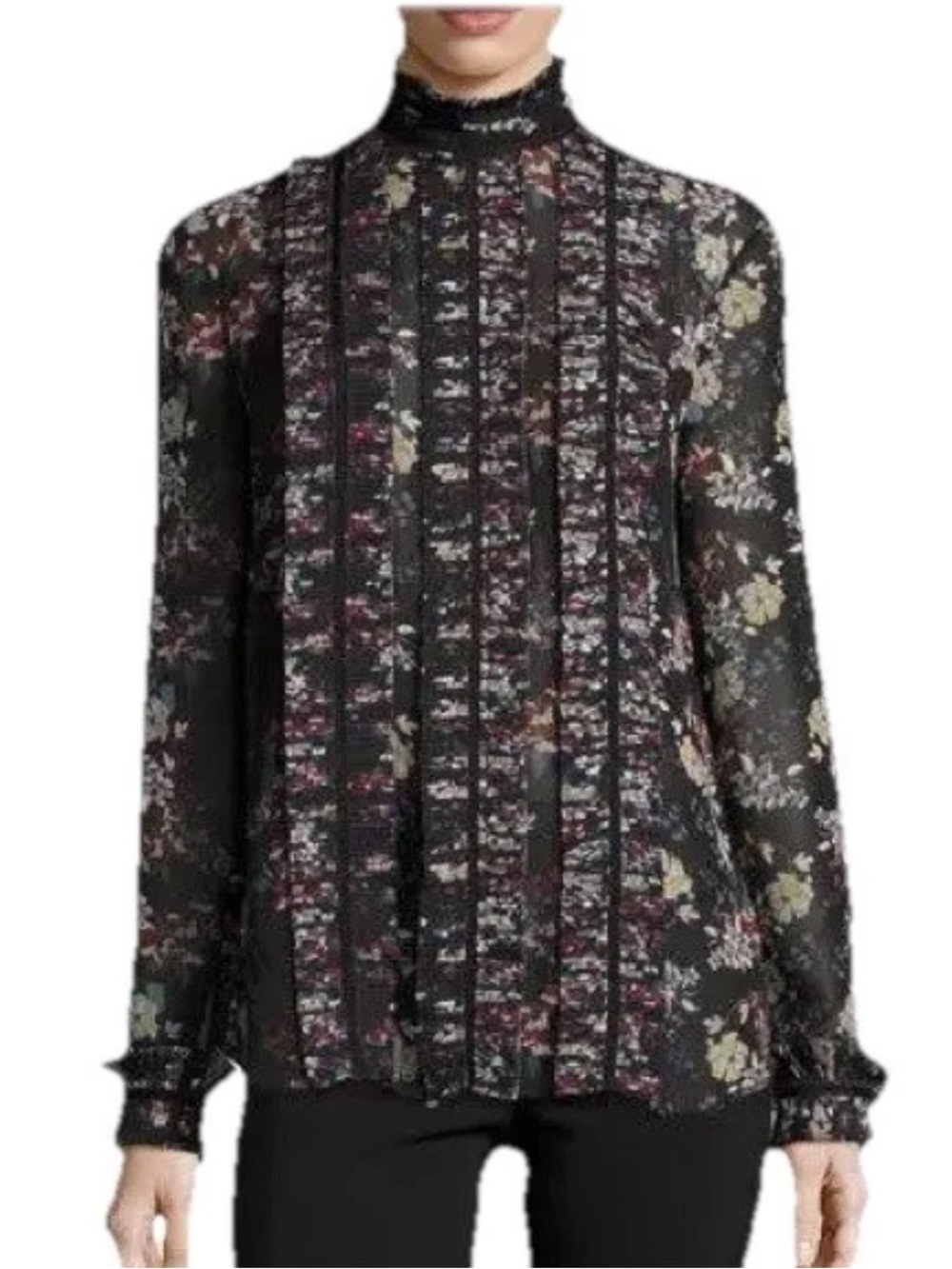 Nicholas Top 4 Floral Print Chiffon High Neck Blouse Silk Black Red Ruffle Women